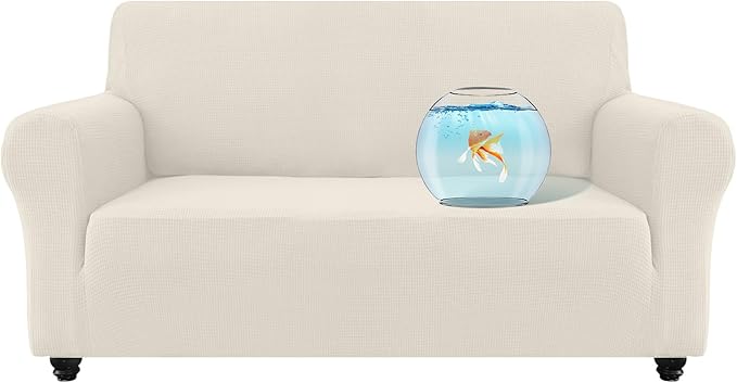 100% Waterproof Jacquard Fabric Couch Cover, Dual Layer with TPU Film, Leakproof High Elasticity Non-Slip Washable Furniture Protector for Pets, Dogs, Cats and Kids (Loveseat,Beige)
