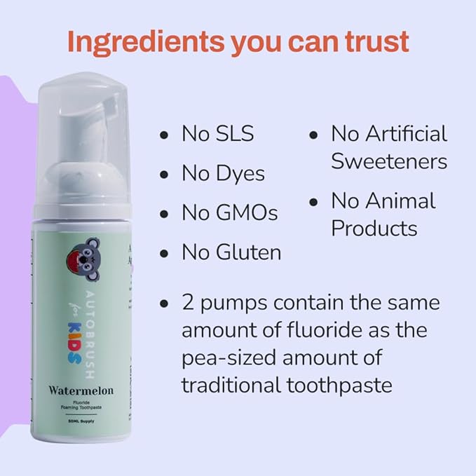 autobrush Kids Fluoride-Free Foaming Toothpaste Watermelon Flavor for Electric or U-Shaped Toothbrush, SLS-Free, Training Toothpaste, Anti-Cavity (2 Pack)