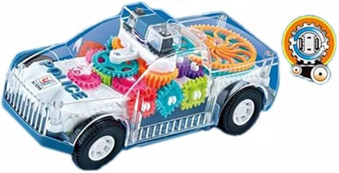 Nenekal Transparent Electric Police Car Gear Toy with Flashing Lights & Music, Automatically Changes Direction 3+, STEM