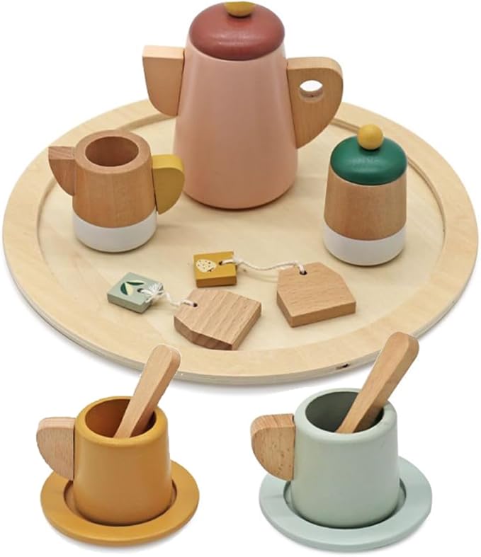 Wooden Toy Tea Set for Little Girls,Toddler Tea Set Play Kitchen Accessories for Children, Premium Solid Wood Pretend Play Food Playset for Kids Tea Party