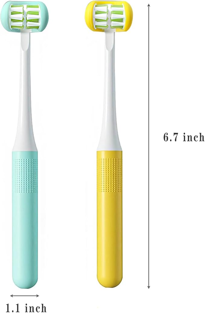 2 Pieces 3 Sided Toddler Toothbrush, Three Bristles for Kids Toothbrush, Autism Soft Bristles Toothbrush,Soft and Gentle for Complete Tooth and Gum Care(C1(Blue+Yellow) Kids)