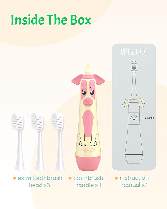 NELL&WELL Kids Electric Toothbrush, 2-Min Timer, 3 Modes with Memory, IPX 7 Waterproof, Battery Powered Kids Toothbrush with 3 Soft Bristles Heads for Children Boys and Girls Ages 3+โฆ