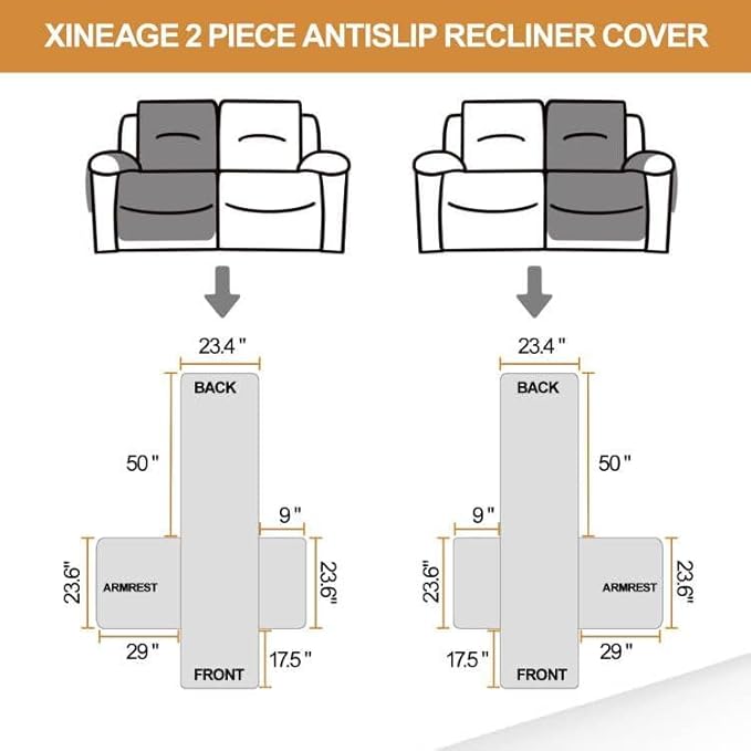 XINEAGE Water Resistant Recliner Cover, 2 seat Recliner Loveseat Covers with Pockets, Quilted Thick Recliner Protector Cover for Dog Pets with Non Slip Backing and Strap(Recliner Loveseat,Light Gray)
