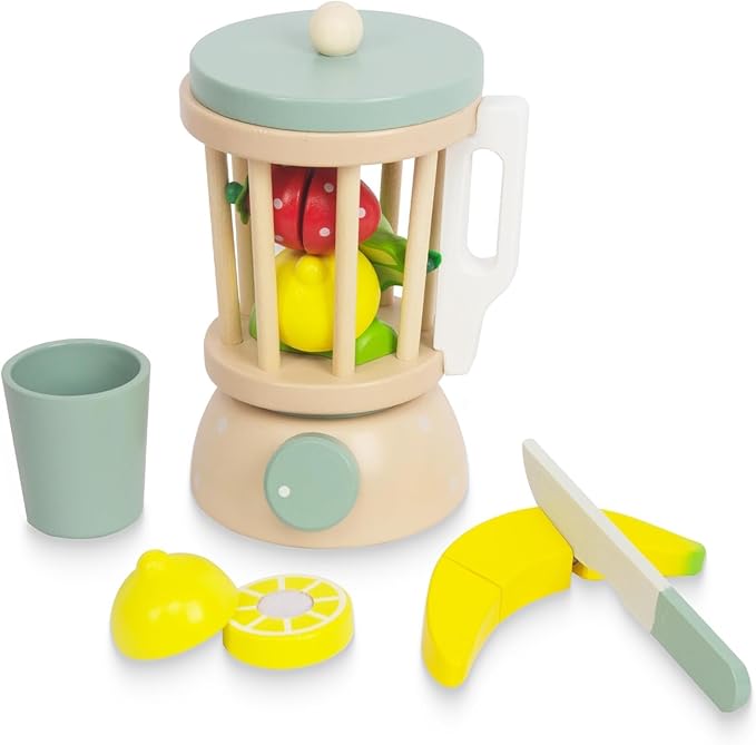 Wooden Blender Toys Play Kitchen Set for Kids-Fruit Juicer Maker Toy,Pretend Cutting Fruits Toys Mixer Food Play Kitchen Accessories for Kids,Toy Blender for Kids 3+ Years Old(Wood Fruit Blender)