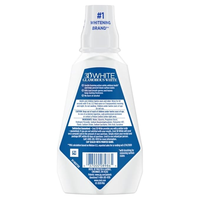 Crest 3D White Glamorous White Alcohol Free Multi-Care Whitening Mouthwash, Hydrogen Peroxide Mouthwash, Arctic Mint, 16 fl oz (473 mL) - Pack of 4, Crest Mouthwash