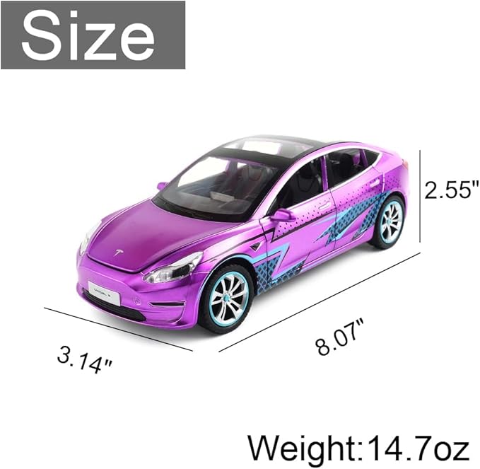 1:24 Scale Model 3 Alloy Car Model Diecast Toy Vehicles for Kids, Car Model Toy,Pull Back Alloy Car with Lights and Music Girls.(1:24 Model 3 -Purple)