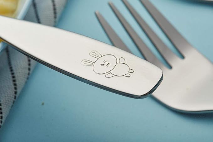 ANNOVA Children's Flatware Set - Stainless Steel Cutlery/Silverware - Safe Kids Toddler Utensils Lunch Box (Engraved Dog Cat Bunny) (Stainless Steel, 12 Forks & Spoon)