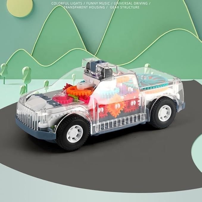 Nenekal Transparent Electric Police Car Gear Toy with Flashing Lights & Music, Automatically Changes Direction 3+, STEM