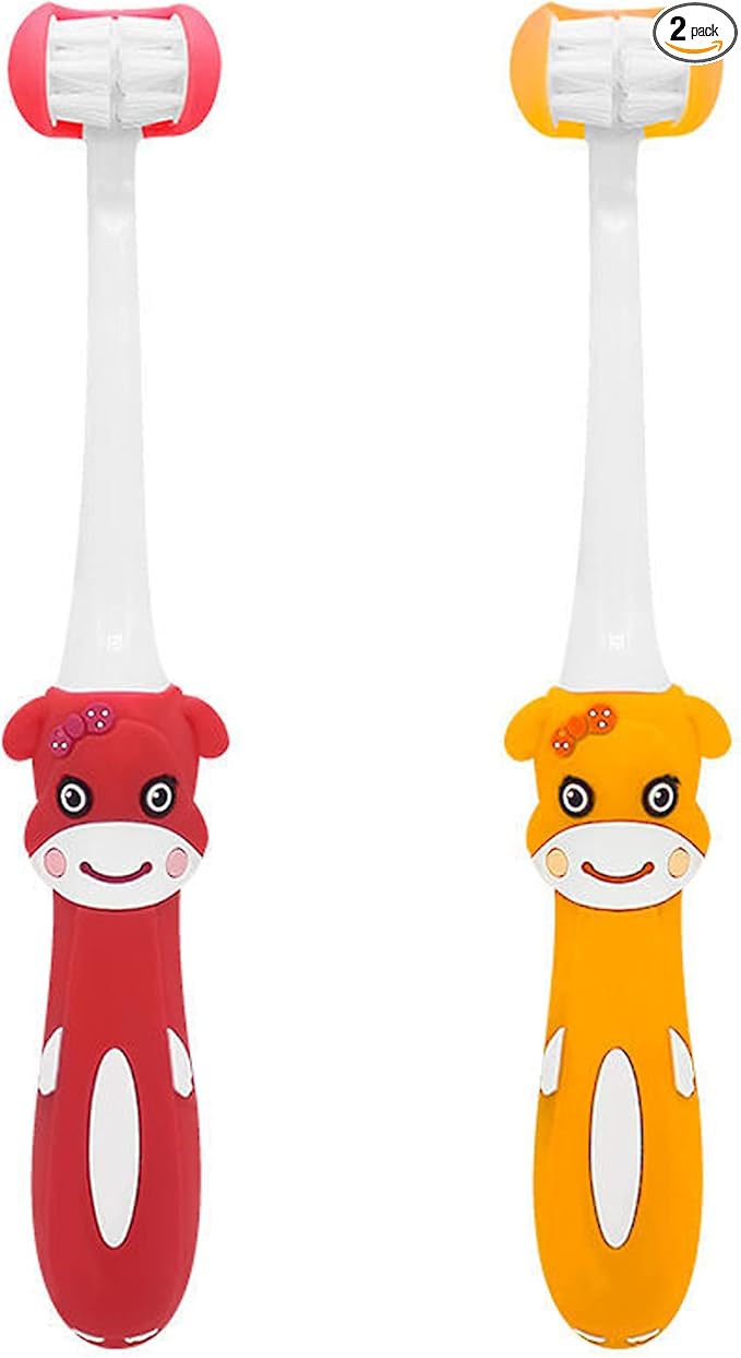 2 Pieces 3 Sided Toddler Toothbrush, Three Bristles for Kids Toothbrush, Autism Soft Bristles Toothbrush,Soft and Gentle for Complete Tooth and Gum Care (C4(Red+Orange) Kids)