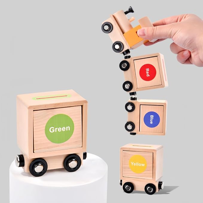 Wooden Magnetic Train Playset, Shape and Color Recognition Color Wooden Train 1-3 Years