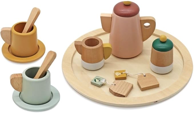 Wooden Toy Tea Set for Little Girls,Toddler Tea Set Play Kitchen Accessories for Children, Premium Solid Wood Pretend Play Food Playset for Kids Tea Party