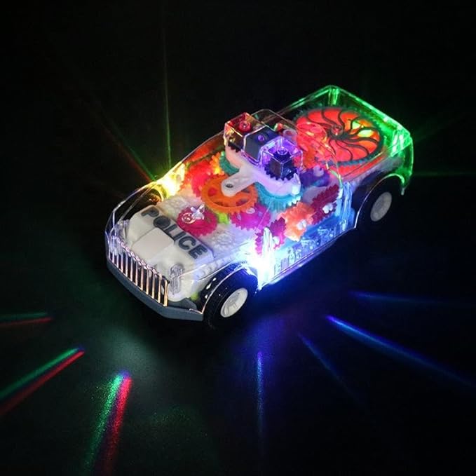 Nenekal Transparent Electric Police Car Gear Toy with Flashing Lights & Music, Automatically Changes Direction 3+, STEM