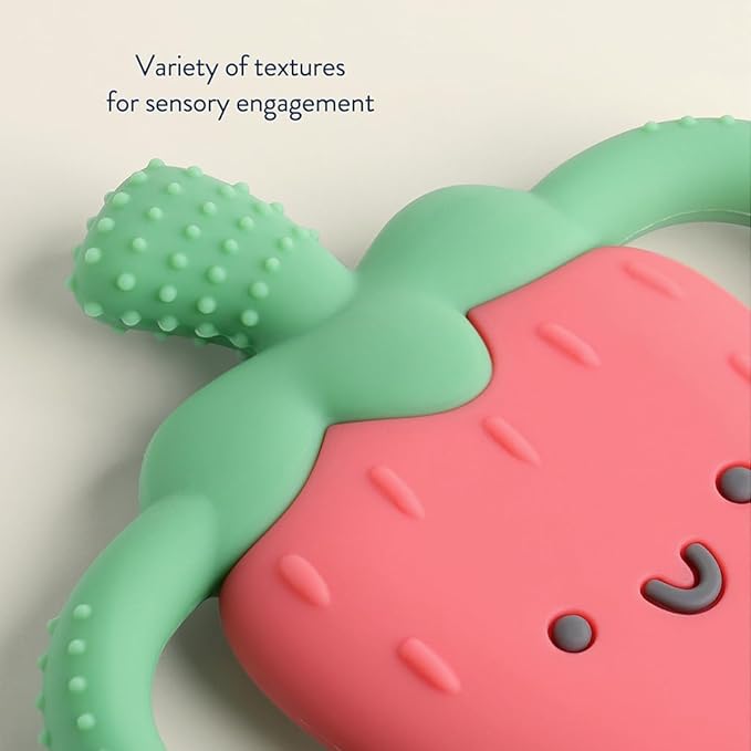 Itzy Ritzy Strawberry-Shaped Baby Teether with Handles; Silicone Teether 3 Months