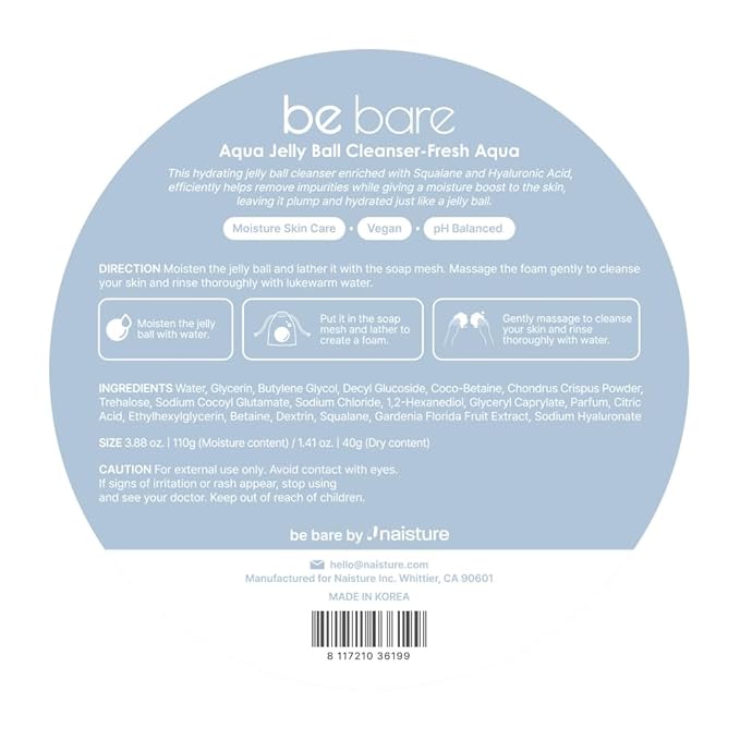 Be Bare Aqua Jelly Ball Cleanser, Daily Face Wash Korean (1.41oz)