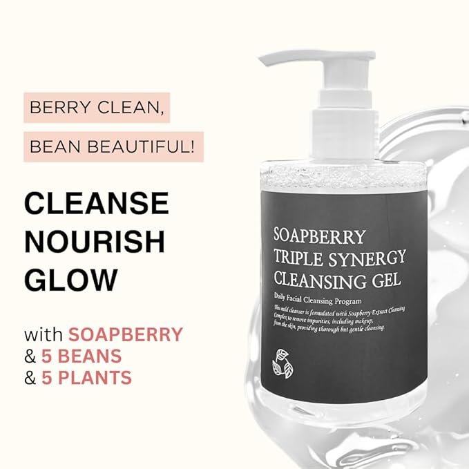 Soapberry Triple Synergy Gel Cleanser with 5 types of Bean, Daily Facial Wash for sensitive skin 8.45 fl.oz, 250ml