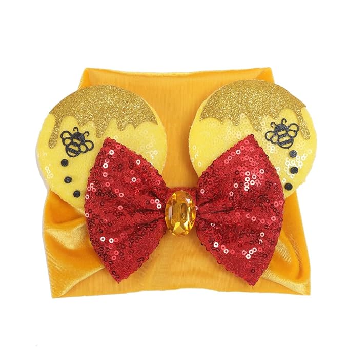 JIAHANG Baby Girl Mouse Ears Turban Headband with Bee, Yellow Sequin Bows Headwrap