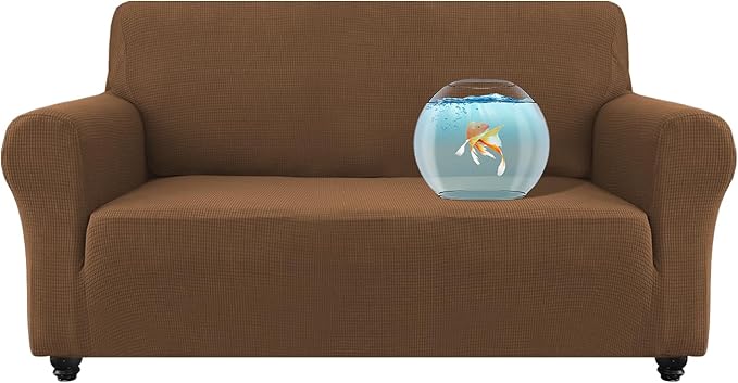 100% Waterproof Jacquard Fabric Couch Cover, Dual Layer with TPU Film, Leakproof High Elasticity Non-Slip Washable Furniture Protector for Pets, Dogs, Cats and Kids (Loveseat,Light Coffee)