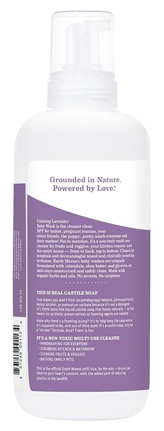 Earth Mama Calming Lavender Baby Wash Liquid Foaming Hand Soap Refill, Organic All-Purpose Lavender Body Wash for Sensitive Skin 34Fl Oz