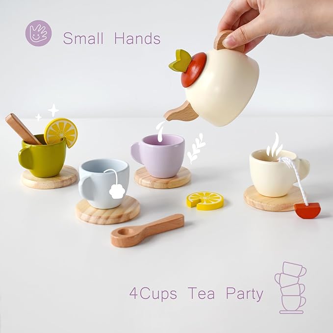 Wooden Toys Tea Party Set,Tea Set for Little Girls,Toddler Tea Set,Kids Play Kitchen Accessories,Play Food for Toddlers Boys Girls Ages 3+