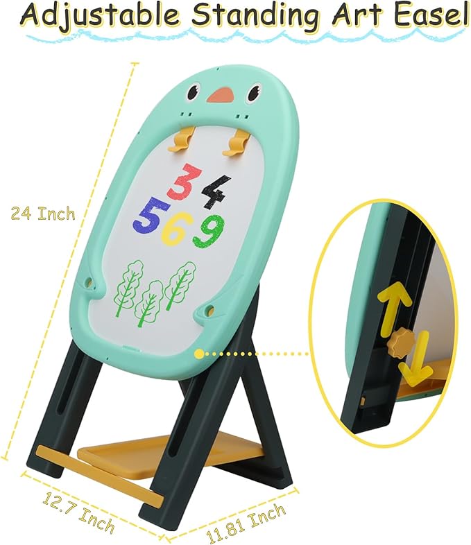Table Easel for Kids, Double Sided Adjustable Tabletop Drawing Magnetic Easels with Graffiti and Board Game Accessories for Toddlers Boys and Girls (Blue)