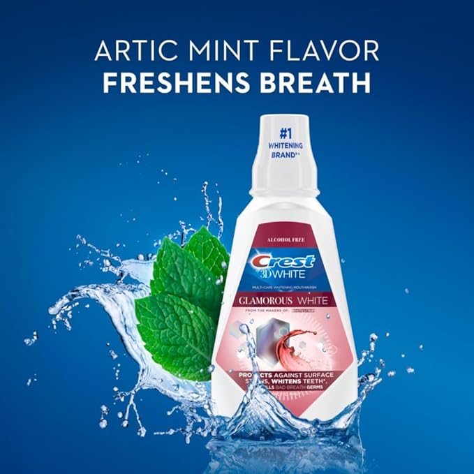 Crest 3D White Glamorous White Alcohol Free Multi-Care Whitening Mouthwash, Hydrogen Peroxide Mouthwash, Arctic Mint, 16 fl oz (473 mL) - Pack of 4, Crest Mouthwash