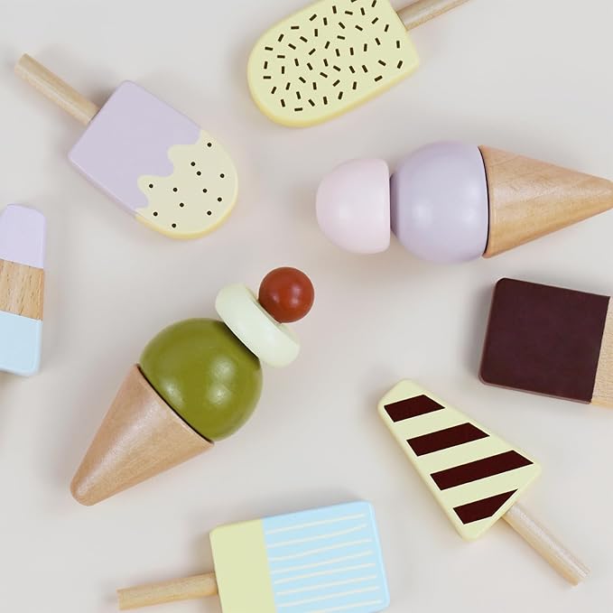 Wooden Ice Cream Toy,Pretend Play Food Toys,Play Ice Cream Counter Set for Kids,Play Kitchen Accessories for Toddlers Girls Boys Ages 3+