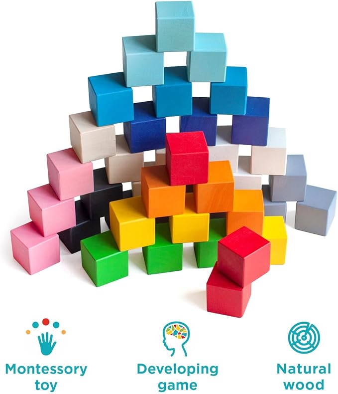 Ulanik Small Colored Cubes Toddler Montessori Toys for 3 Year Old + Kids Wooden Building Blocks Game for Learning Color Sorting and Counting β 40 pcs, 1.2 in