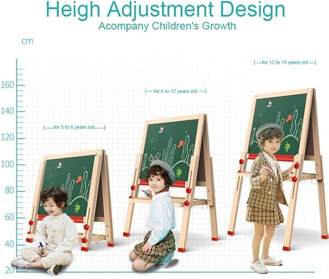 Wooden Art Easel for Kids (Double Sided) with Paper Roll, Height Adjustable from 35.4'' to 65'' for Kids Toddlers 3-6 6-12 12-16 KT-065-2