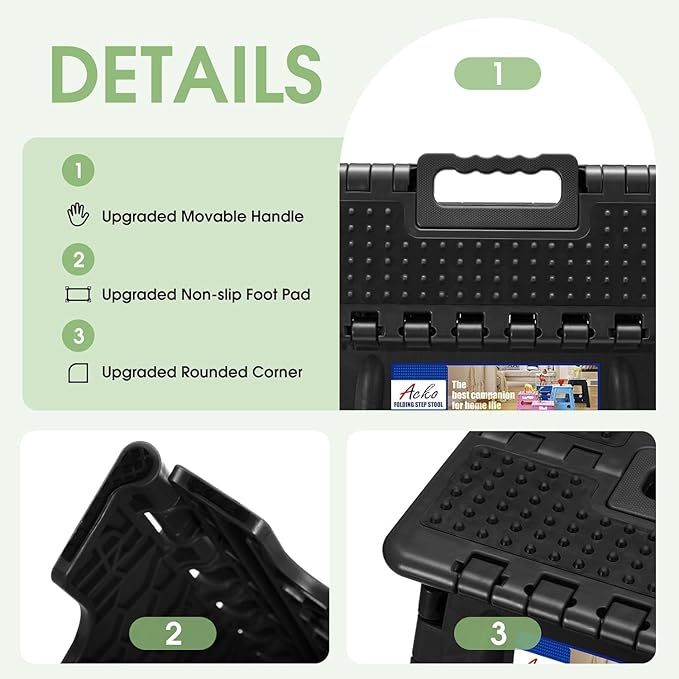 ACKO Folding Step Stool Foldable 16 Inch Stools for Adults and Kids,Plastic Stools Tall 400 lbs Capacity,Collapsible Stool for Kitchen, Stepping Foot Stool with Handle,Dot Black 6Pack