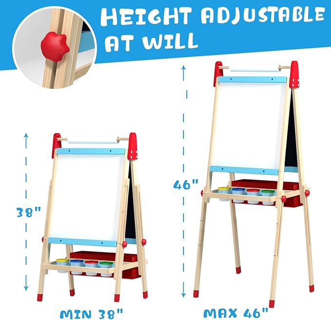 WOOD CITY Easel for Kids, Adjustable Standing Art Easel with Painting Accessories Wooden Chalkboard & Magnetic Whiteboard & Painting Paper Stand, Toddler Art Set Easel for Toddlers 2-12 Year Olds