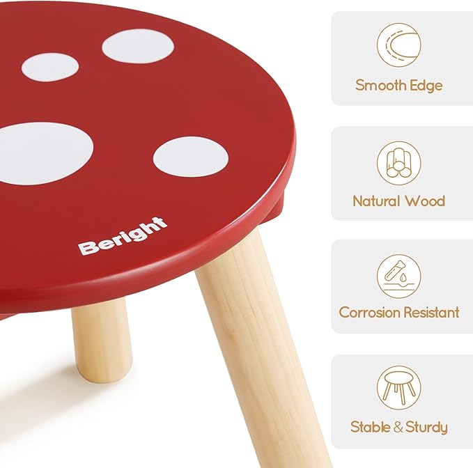Beright Wooden Step Stool for Kids, Children's Stool Perfect Matched Sensory Table, 9 Inch Sturdy Sitting Stool with Assembled Four-Legged, Mushroom, 2 Pack
