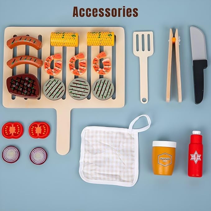 Wooden Play Barbecue Toy Grill, Kids BBQ Grill Playset with Play Food and Grilling Tools, Kids Cooking Sets, Outdoor Play Kitchen Set Kids, Pretend Play Kitchen Accessories Toddlers Age 3+