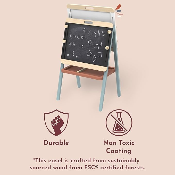 SPEEDY MONKEY Adjustable Wooden Easel for Kids, Double-Sided Chalkboard & Magnetic Whiteboard, Learning Toy for Children, Ideal Holiday Gift for Birthdays