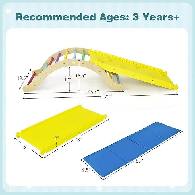 Costzon Climbing Toys for Toddlers, 3-in-1 Montessori Wooden Arch Climber Ladder Structure with Rock Climbing Ramp/Padding, Indoor Gym Learning Playset, Playground for Kids Gift (Rainbow)