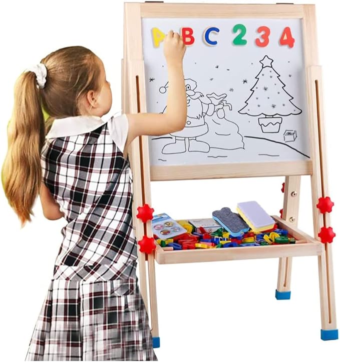Wooden Art Easel for Kids (Double Sided) - Standing Magnetic Whiteboard Chalkboard Small Toddler Toys PM-048-H