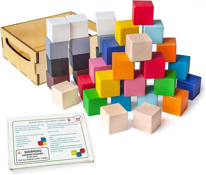 Ulanik Small Colored Cubes Toddler Montessori Toys for 3 Year Old + Kids Wooden Building Blocks Game for Learning Color Sorting and Counting β 40 pcs, 1.2 in
