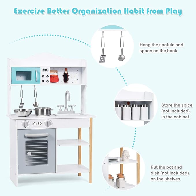 ARLIME Kids Kitchen Playset, Wooden Toy Toddler Kitchen w/ Simulated Sound, Accessory Utensils, Blackboard, Sink, Stovetop, Cabinets, Pretend Play Kitchen for Boys Girls