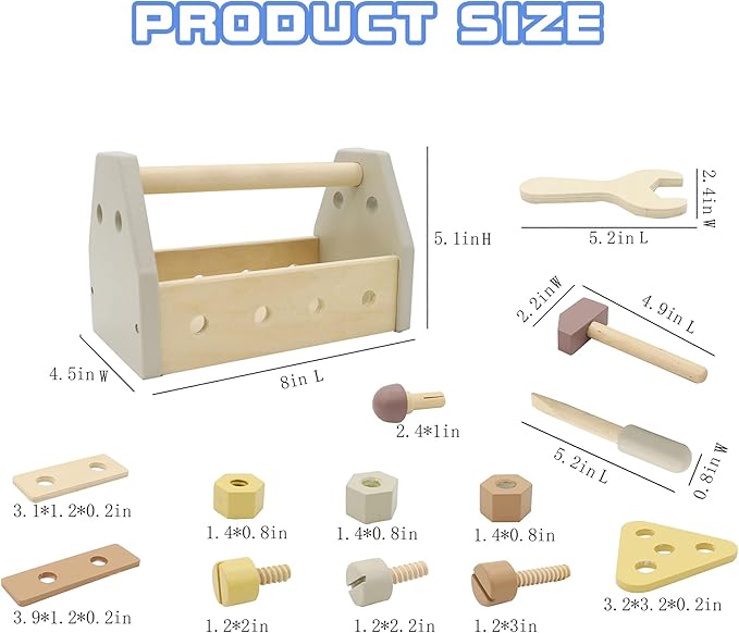 Montessori Wooden Tools Kit Toddler Educational Construction Kids Toys Sets Play Box Preschool Play Tool Wooden Construction Toy (Yellow)