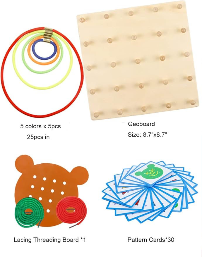 YHZAN Wooden Geoboard Graphing Peg Board Montessori Toddler Sensory Toy Colorful Rubber Bands Pattern Cards Preschool Learning Game