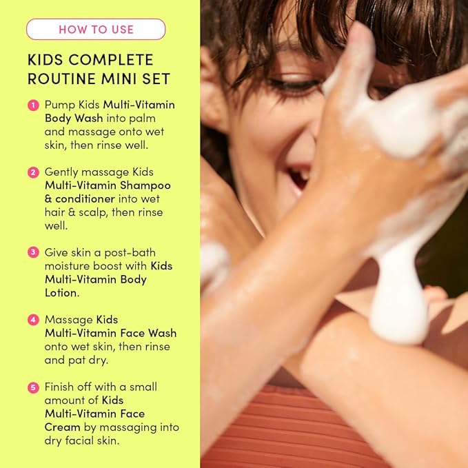 Evereden Kids Complete Routine Travel Set: Clean & Vegan 5-Piece Skin Care Set for Kids | Multi-Vitamin Kids Skin Care Set with Body Wash, Lotion