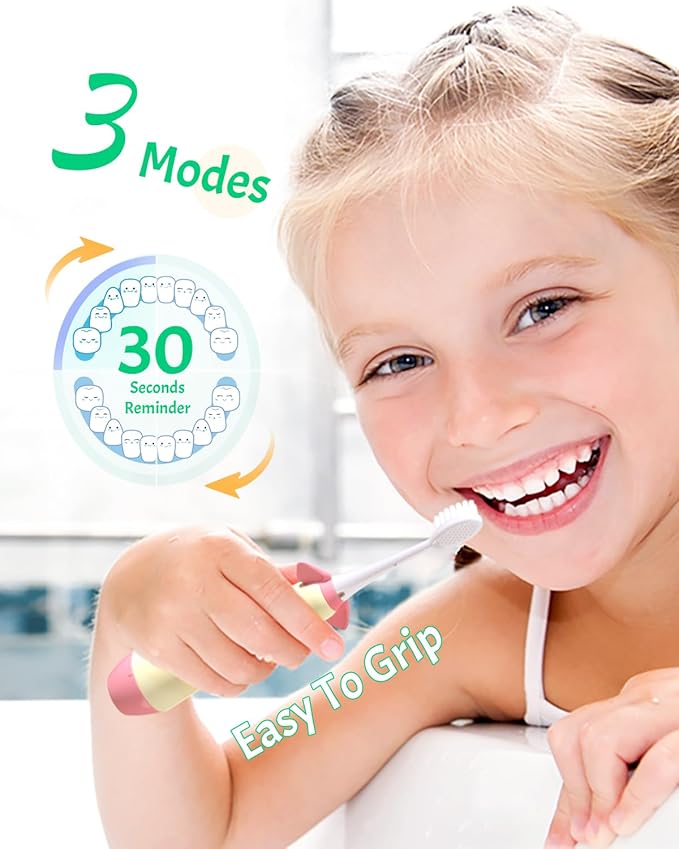 NELL&WELL Kids Electric Toothbrush, 2-Min Timer, 3 Modes with Memory, IPX 7 Waterproof, Battery Powered Kids Toothbrush with 3 Soft Bristles Heads for Children Boys and Girls Ages 3+โฆ
