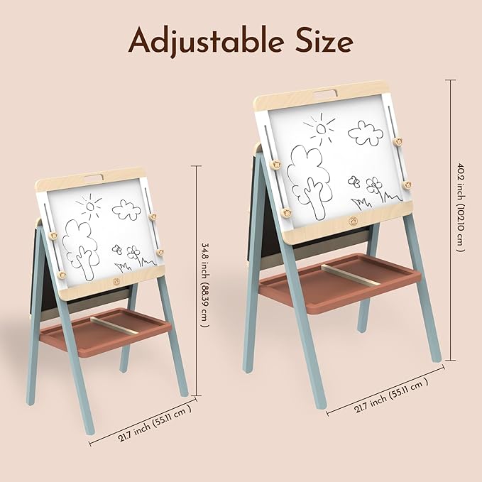 SPEEDY MONKEY Adjustable Wooden Easel for Kids, Double-Sided Chalkboard & Magnetic Whiteboard, Learning Toy for Children, Ideal Holiday Gift for Birthdays