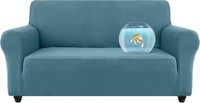 100% Waterproof Jacquard Fabric Couch Cover, Dual Layer with TPU Film, Leakproof High Elasticity Non-Slip Washable Furniture Protector for Pets, Dogs, Cats and Kids (Loveseat,Dusty Blue)