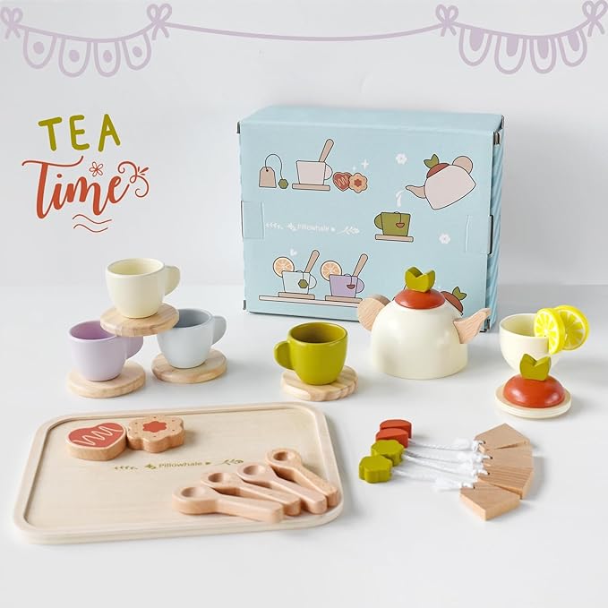Wooden Toys Tea Party Set,Tea Set for Little Girls,Toddler Tea Set,Kids Play Kitchen Accessories,Play Food for Toddlers Boys Girls Ages 3+