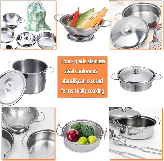Cookware Pots and Pans Play Set with Cooking Mini Stainless-Steel Kitchen Cooking Utensils Toys,Pretend Toys for Kids, Educational&Development Toy Kitchen Playset Accessories for Kids Ages 3+