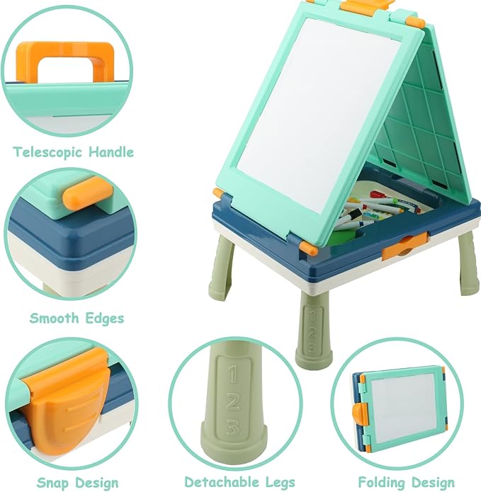 Table Art Easel for Kids, Double Sided Foldable Tabletop Drawing Easels Chalkboard Desk with Graffiti and Board Game Accessories Supplies for Boys and Girls (Blue)
