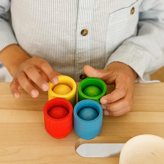 Ulanik Balls in Cups Starter Kit Toddler Montessori Toys for 1+ Year Old Kids Wooden Matching Game for Learning Color Sorting and Counting β 4 Balls, 1.18 in