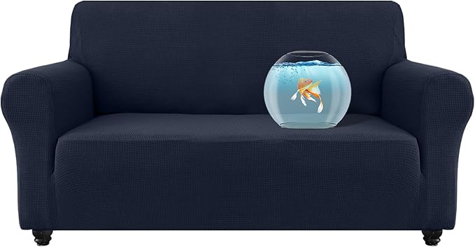 100% Waterproof Jacquard Fabric Couch Cover, Dual Layer with TPU Film, Leakproof High Elasticity Non-Slip Washable Furniture Protector for Pets, Dogs, Cats and Kids (Loveseat,Navy Blue)