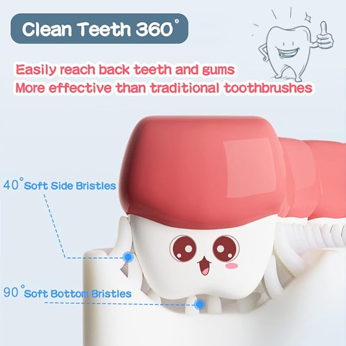 YOTEE U-Shaped Toothbrush Kids 2 PCS - Toddler Toothbrush with Food Grade Soft Silicone Brush Head, Manual Whole Mouth Toothbrush for Kids Age 2-6(Blue+Pink), 360° Oral Teeth Cleaning Design