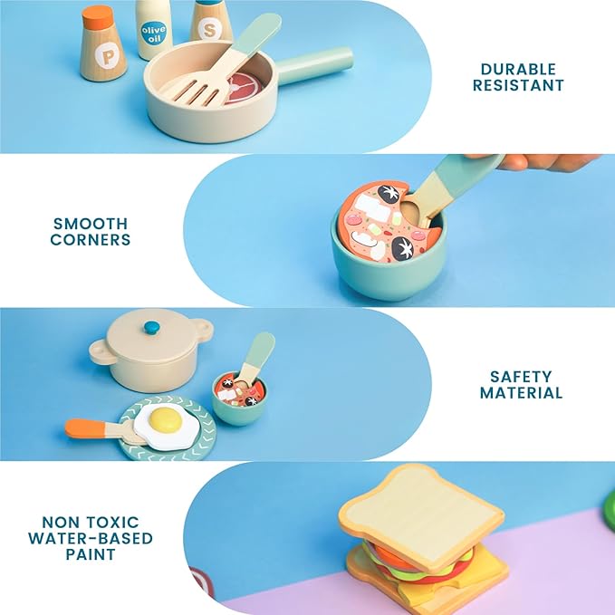 Wooden Play Cooking Set, 36pcs Kitchen Set for Toddlers, Play Food Sets for Kids Kitchen, Wood Play Kitchen Accessories with Fake Food,Pot & Pan,Utensils,Gifts for 3 4 5 Years Old Girls Boys